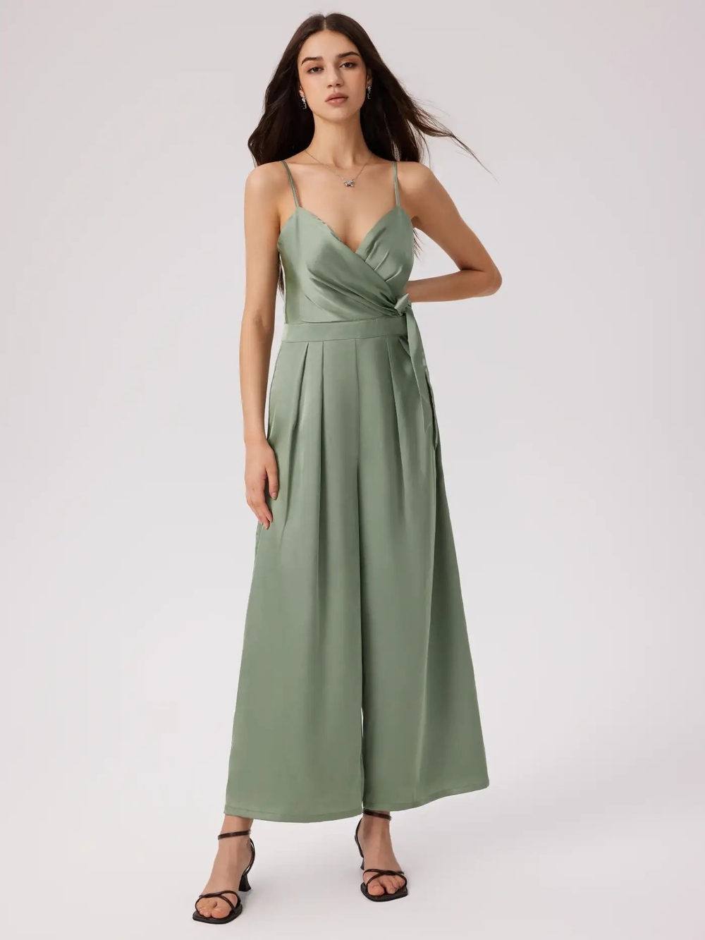 NWT Cider Women's Plus Size 2XL Sage Green Wide Leg Satin Jumpsuit